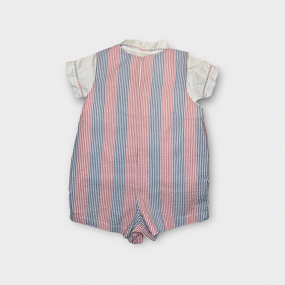 Cuties By Judy Vintage White Polo Top & Boat Patch Pinstripe Romper Outfit